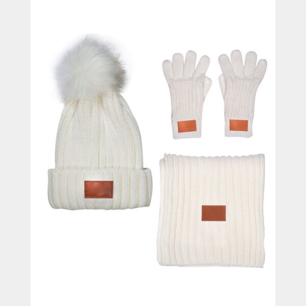 Three-Piece Rib Knit Fur Pom Winter Set Thumbnail